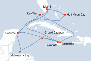 carte itinéraire croisière Caraïbes Bahamas 17 jours au départ du port de Miami