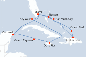 carte itinéraire croisière Caraïbes Bahamas 14 jours au départ du port de Miami