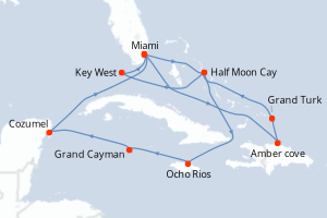 carte itinéraire croisière Caraïbes Bahamas 14 jours au départ du port de Miami