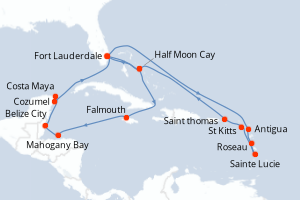 carte itinéraire croisière Caraïbes Bahamas 21 jours au départ du port de Fort Lauderdale