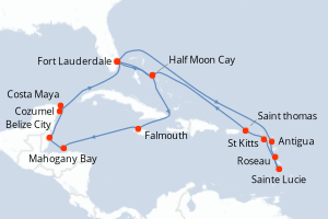 carte itinéraire croisière Caraïbes Bahamas 21 jours au départ du port de Fort Lauderdale