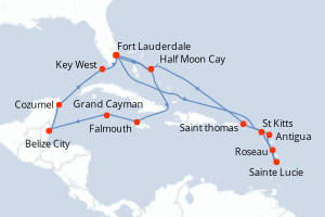 carte itinéraire croisière Caraïbes Bahamas 21 jours au départ du port de Fort Lauderdale
