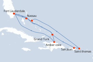 carte itinéraire croisière Caraïbes Bahamas 14 jours au départ du port de Fort Lauderdale