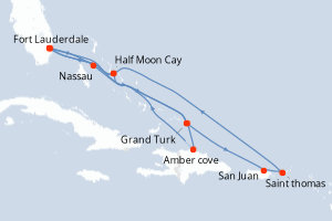 Carte itinéraire croisière États-Unis, République Dominicaine, Bahamas, Porto Rico - 14 jours au départ de Fort Lauderdale - Caraïbes Bahamas