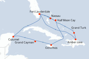 carte itinéraire croisière Caraïbes Bahamas 14 jours au départ du port de Fort Lauderdale