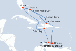 carte itinéraire croisière Caraïbes Bahamas 18 jours au départ du port de Miami