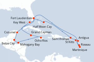 carte itinéraire croisière Caraïbes Bahamas 21 jours au départ du port de Fort Lauderdale