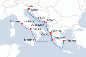 carte itinéraire croisière Sicile 14 jours au départ du port de Athenes