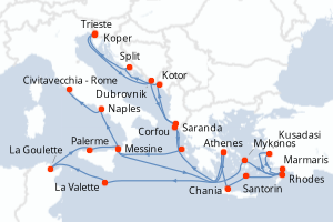 carte itinéraire croisière Sicile 28 jours au départ du port de Athenes