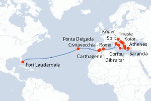 carte itinéraire croisière Transatlantique 28 jours au départ du port de Athenes