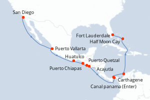 carte itinéraire croisière Transatlantique 16 jours au départ du port de San Diego
