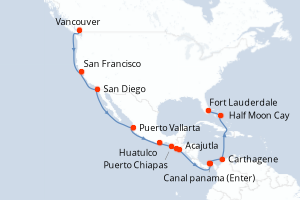 carte itinéraire croisière Transatlantique 21 jours au départ du port de Vancouver