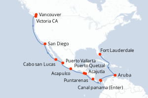 carte itinéraire croisière Transatlantique 21 jours au départ du port de Fort Lauderdale