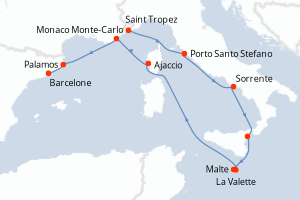 Carte de l'itinéraire de croisière Monaco Monte-Carlo-Barcelone d'une durée de 10 jours
