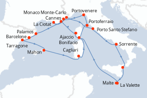 carte itinéraire croisière Sardaigne 20 jours au départ du port de Barcelone