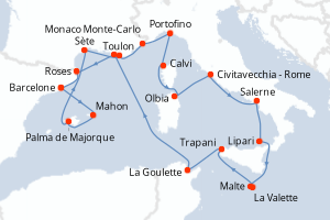 Carte de l'itinéraire de croisière Barcelone-Barcelone d'une durée de 20 jours