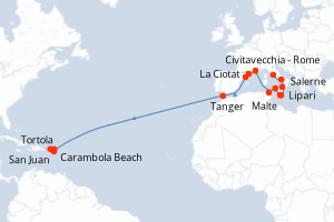 carte itinéraire croisière Transatlantique 24 jours au départ du port de Civitavecchia - Rome