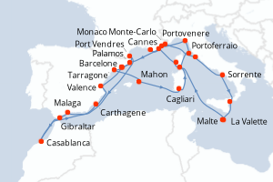 carte itinéraire croisière Sardaigne 30 jours au départ du port de Barcelone