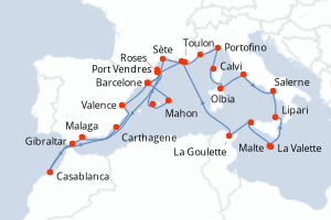 carte itinéraire croisière Sicile 30 jours au départ du port de Barcelone