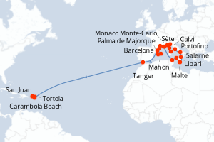 carte itinéraire croisière Transatlantique 34 jours au départ du port de Barcelone