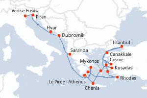 carte itinéraire croisière Méditerranée 21 jours au départ du port de Le Piree - Athenes