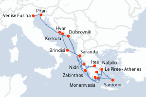 carte itinéraire croisière Méditerranée 21 jours au départ du port de Le Piree - Athenes