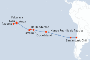 Carte de l'itinéraire de croisière Papeete-San antonio Chili d'une durée de 20 jours