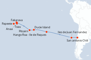Carte de l'itinéraire de croisière San antonio Chili-Papeete d'une durée de 19 jours