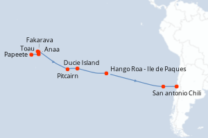 Carte de l'itinéraire de croisière Papeete-San antonio Chili d'une durée de 19 jours