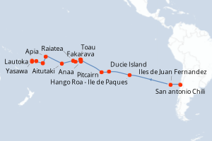 Carte de l'itinéraire de croisière San antonio Chili-Lautoka d'une durée de 30 jours