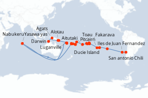 Carte itinéraire croisière Chili, Royaume-Uni, France, Îles Cook, Samoa, Tonga, Fidji (Îles), Vanuatu, Papouasie-Nouvelle-Guinée, Indonésie, Australie - 46 jours au départ de San antonio Chili - Australie Nouvelle Zélande