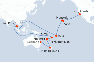 carte itinéraire croisière Amérique du Nord 27 jours au départ du port de Brisbane