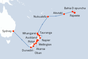 Carte de l'itinéraire de croisière Papeete-Sydney d'une durée de 27 jours