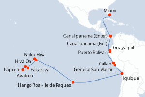 Carte de l'itinéraire de croisière Miami-Papeete d'une durée de 35 jours