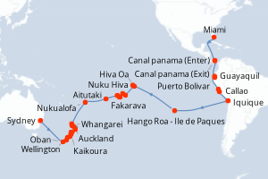 Carte itinéraire croisière États-Unis, Panama, Équateur, Pérou, Chili, France, Îles Cook, Tonga, Nouvelle-Zélande, Australie - 62 jours au départ de Miami - Australie Nouvelle Zélande