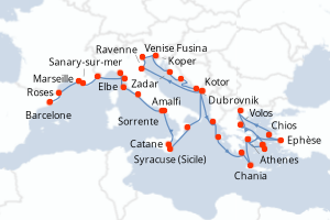 carte itinéraire croisière Sicile 37 jours au départ du port de Barcelone