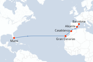 carte itinéraire croisière Transatlantique 14 jours au départ du port de Miami