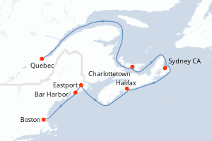 Carte de l'itinéraire de croisière Quebec-Boston d'une durée de 7 jours