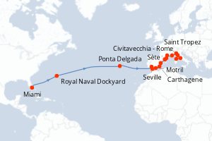 carte itinéraire croisière Transatlantique 23 jours au départ du port de Miami