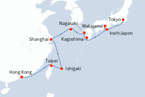 Carte de l'itinéraire de croisière Tokyo-Hong Kong d'une durée de 13 jours
