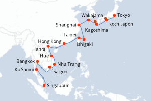 carte itinéraire croisière Asie 27 jours au départ du port de Tokyo