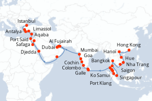 carte itinéraire croisière Méditerranée 53 jours au départ du port de Hong Kong