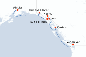 Carte de l'itinéraire de croisière Whittier-Vancouver d'une durée de 7 jours