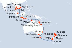 carte itinéraire croisière Asie 43 jours au départ du port de Auckland