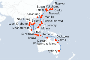 carte itinéraire croisière Asie 51 jours au départ du port de Sydney