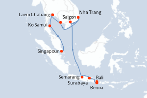 carte itinéraire croisière Asie 16 jours au départ du port de Benoa