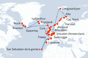 carte itinéraire croisière Atlantique 54 jours au départ du port de Reykjavik