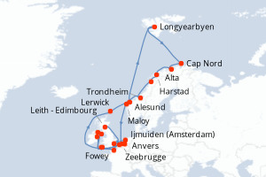 carte itinéraire croisière Fjörds norvégiens 28 jours au départ du port de Leith - Edimbourg