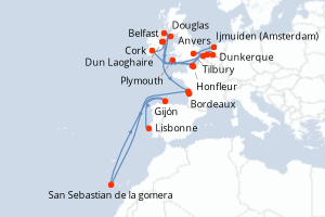 carte itinéraire croisière Atlantique 22 jours au départ du port de Ijmuiden (Amsterdam)