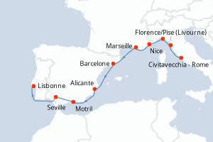 carte itinéraire croisière Atlantique 10 jours au départ du port de Civitavecchia - Rome